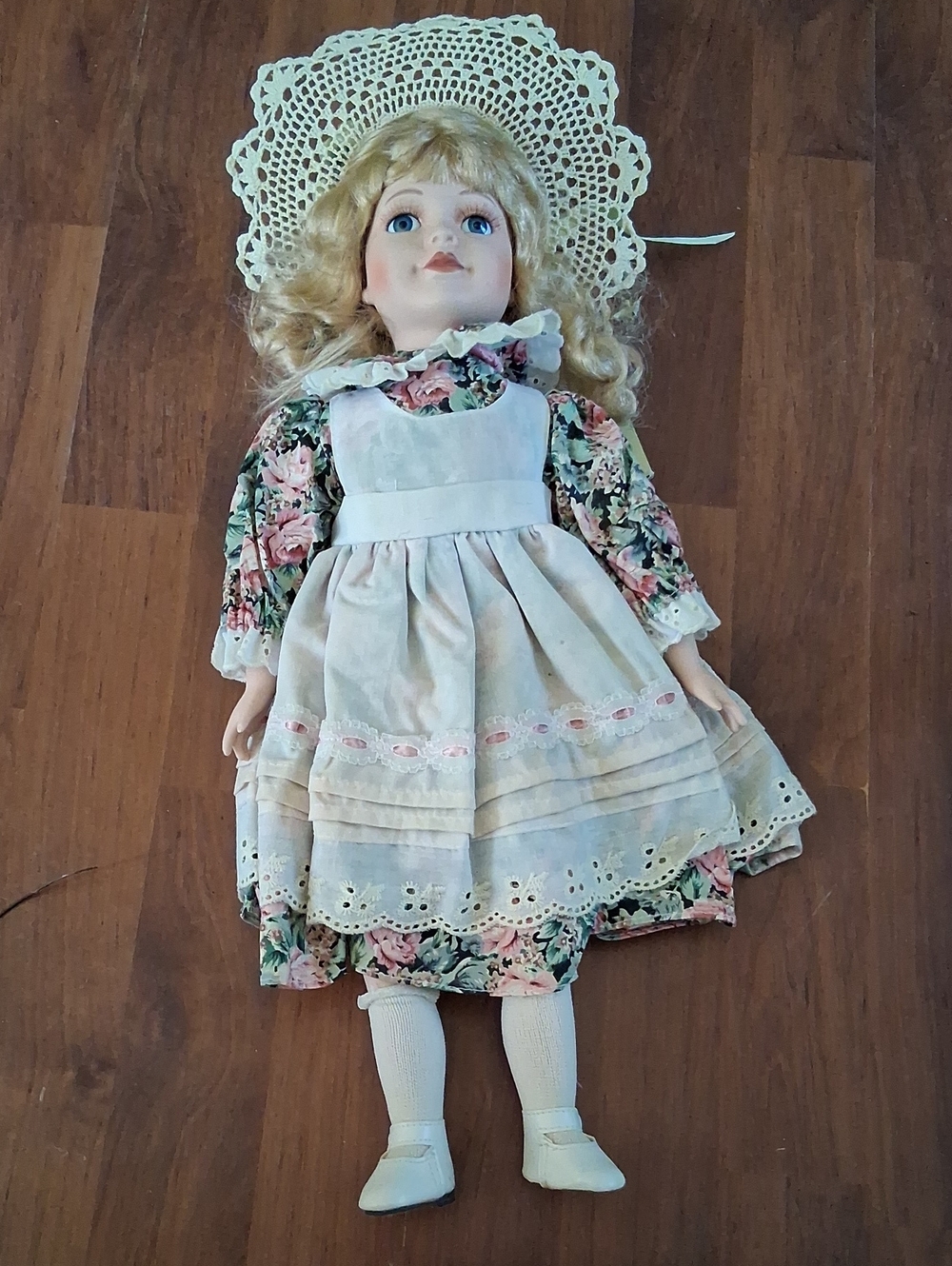 Porcelain Blonde Hair Floral Dress Collector Doll in Cream Apron